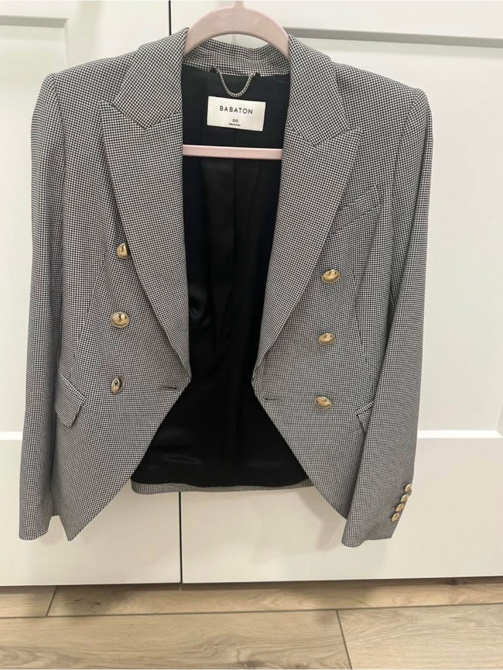 Babaton Black & White Houndstooth Double-Breasted Blazer with Gold Buttons
